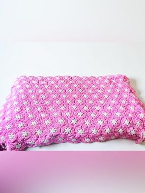 Pink Crochet Blanket Throw 62x37 Floral Granny Square Baby Gift